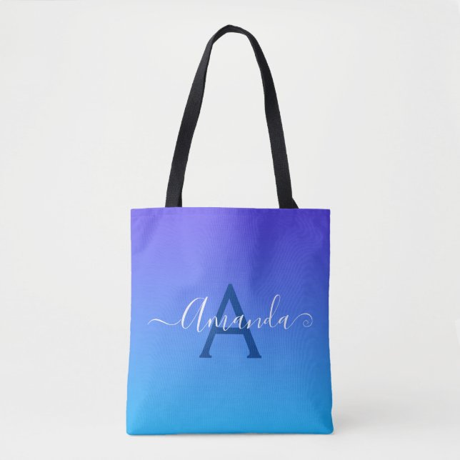 Gradient Blue elegant Monogram and name Tote Bag (Front)
