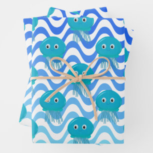 Gradient Blue Waves And Jellyfish Pattern Wrapping Paper Sheet