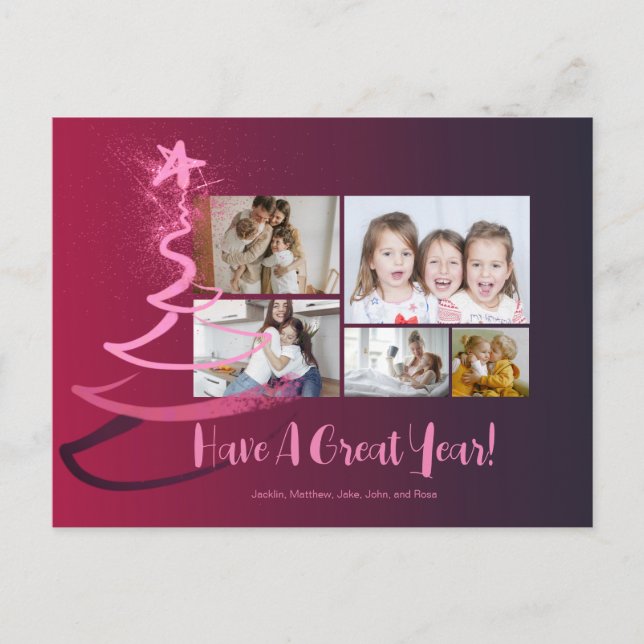 Gradient Burgundy Glitter Tree 5 Photos Holiday Postcard (Front)