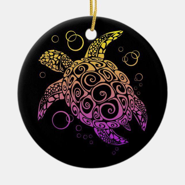 Gradient Colour Sea Turtle Drawing, Sea Turtle Ceramic Ornament (Front)