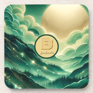 Gradient Emerald Kelly Green Glitter Monogrammed Coaster