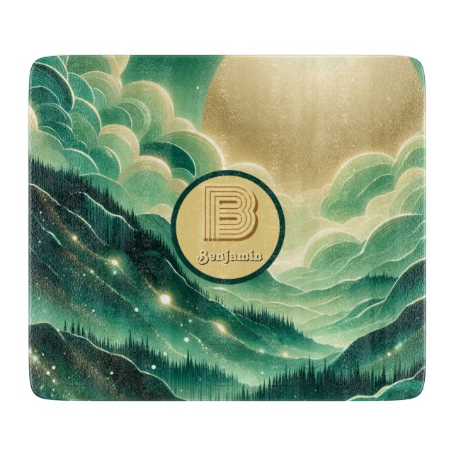 Gradient Emerald Kelly Green Glitter Monogrammed Cutting Board (Front)