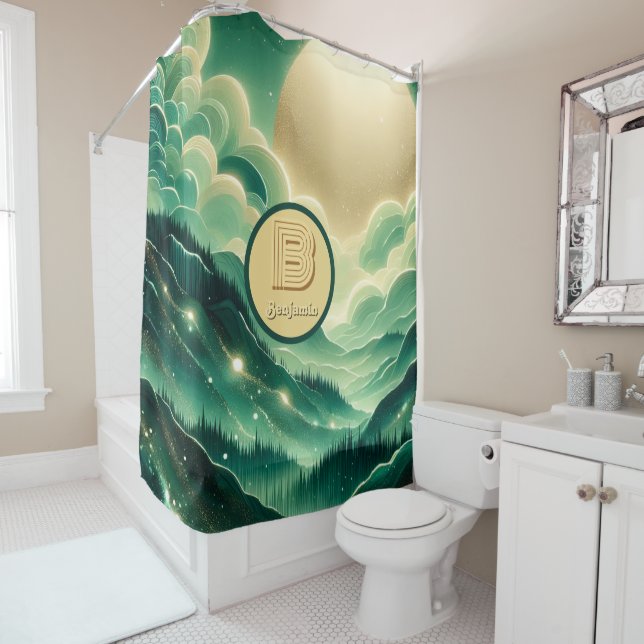 Gradient Emerald Kelly Green Glitter Monogrammed Shower Curtain (In Situ)