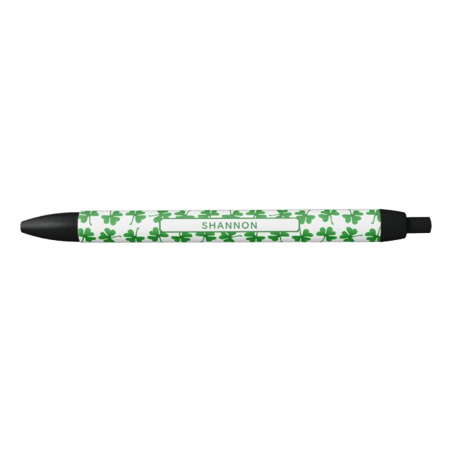 Gradient Green Irish Shamrock Pattern Black Ink Pen (Front)