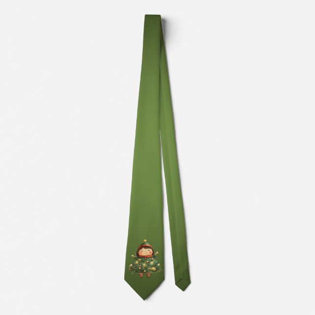 Gradient Green Tree Character Christmas Neck Tie (Front)