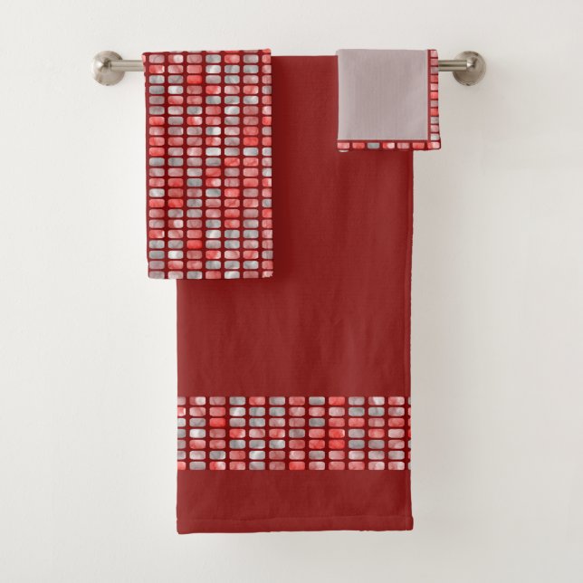 Gradient grey and red small blocks pattern bath towel set (Insitu)