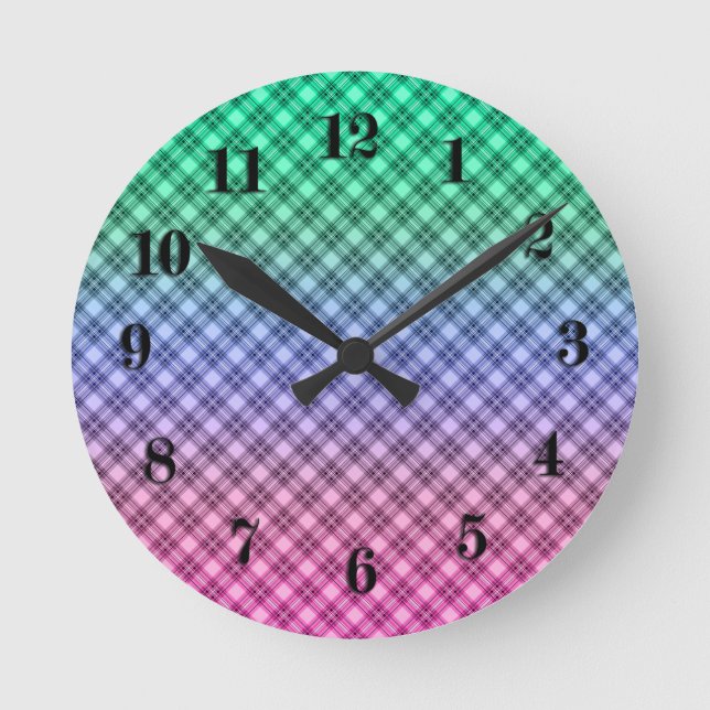 Gradient grid chequered plaid tartan pattern pink round clock (Front)