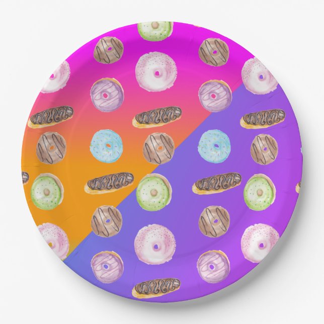 Gradient Neon Watercolor Frosted Doughnut Paper Plate (Front)