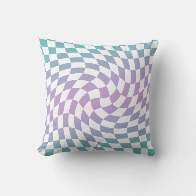 Gradient Ombre Blue Lilac Warped Check Chequered   Cushion (Front)