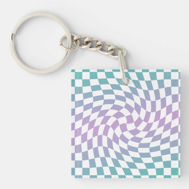Gradient Ombre Blue Lilac Warped Check Chequered Key Ring (Front)