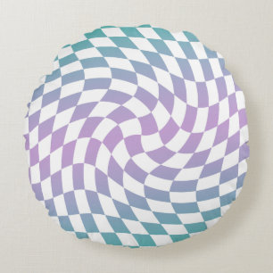 Gradient Ombre Blue Lilac Warped Check Chequered   Round Cushion