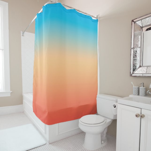 Gradient ombre coral blush beige blue soft blurred shower curtain (In Situ)