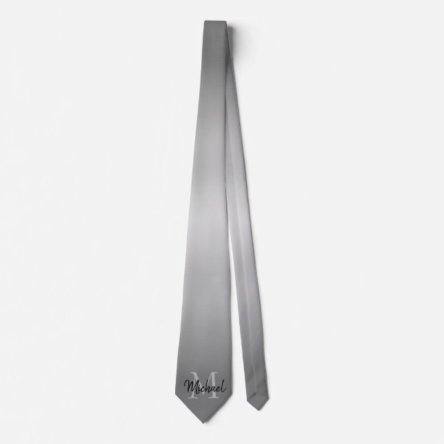 Gradient Ombre Grey With Name And Monogram Tie (Front)