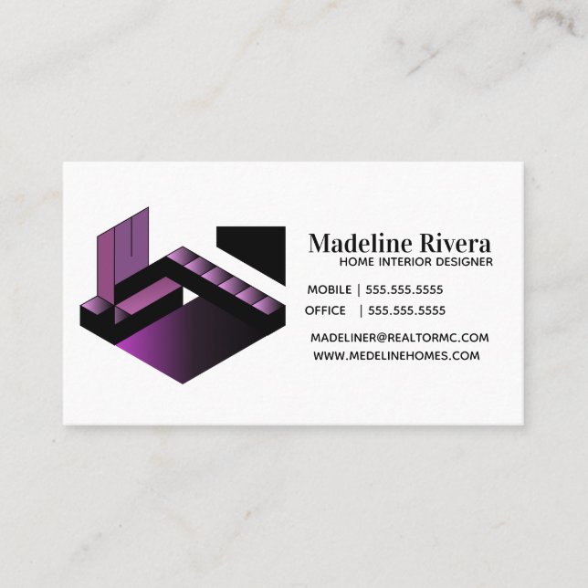 Gradient Ombre Purple Designer Home Interior Black Business Card (Front)