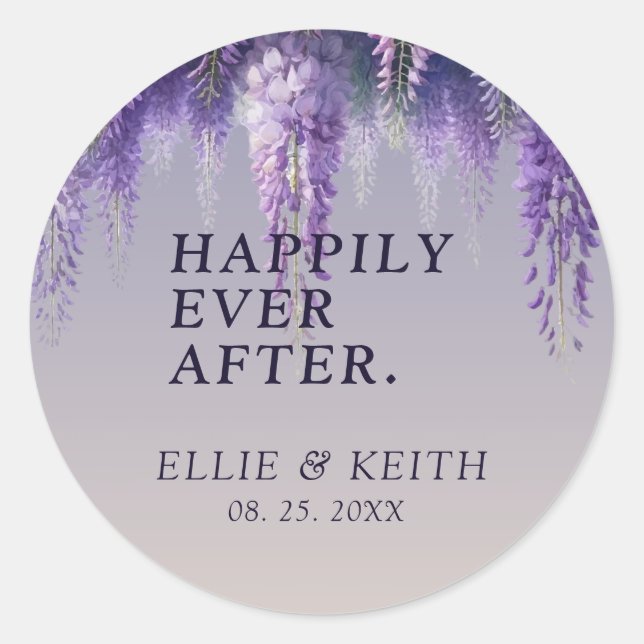 Gradient Purple Floral Happily Ever After Wedding Classic Round Sticker (Front)