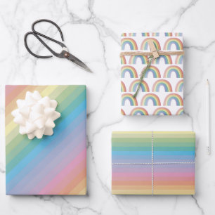 Gradient Rainbow Stripes and Cute Rainbow Pattern Wrapping Paper Sheet