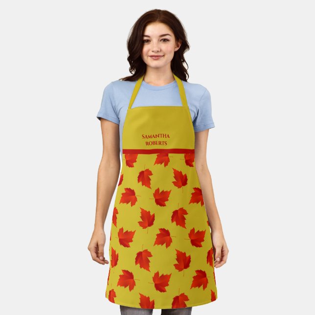 Gradient red dry leaves custom name yellow apron (Worn)
