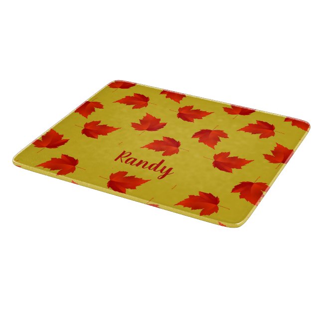 Gradient red dry leaves custom name yellow cutting board (Corner)