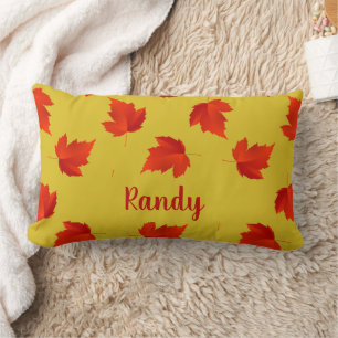 Gradient red dry leaves custom name yellow lumbar cushion