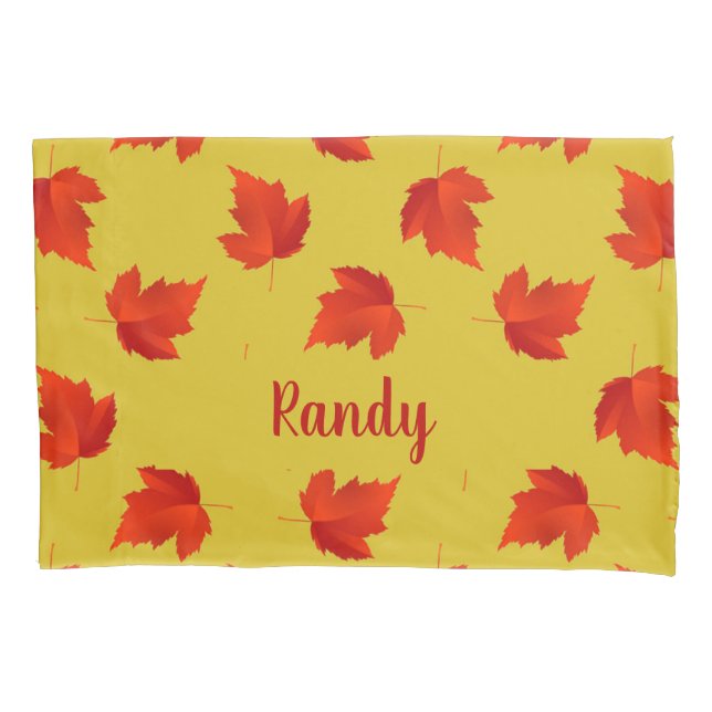 Gradient red dry leaves custom name yellow pillowcase (Front)