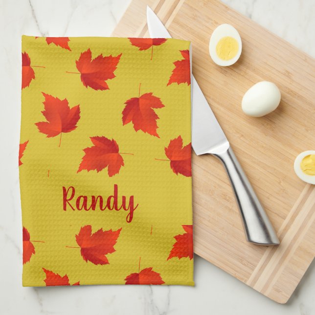 Gradient red dry leaves custom name yellow tea towel (Quarter Fold)