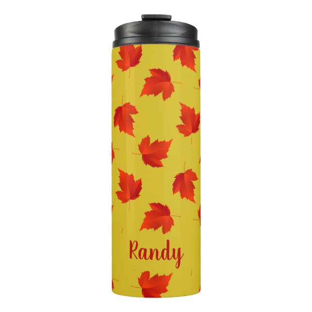 Gradient red dry leaves custom name yellow thermal tumbler (Front)