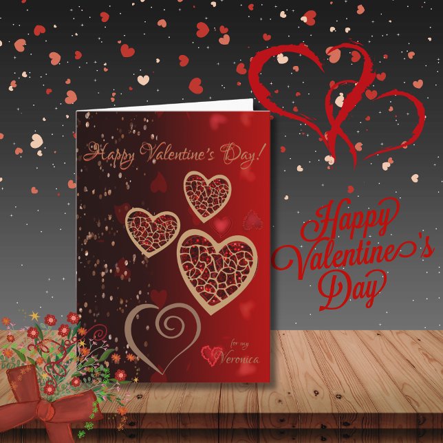 Gradient Red with golden hearts Valentine Holiday Card (Bright Red Gradient with Golden Hearts Valentines Card, in paper or downloadable)