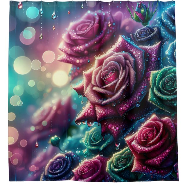 “Gradient Roses with Dewdrops" Shower Curtain (Front)