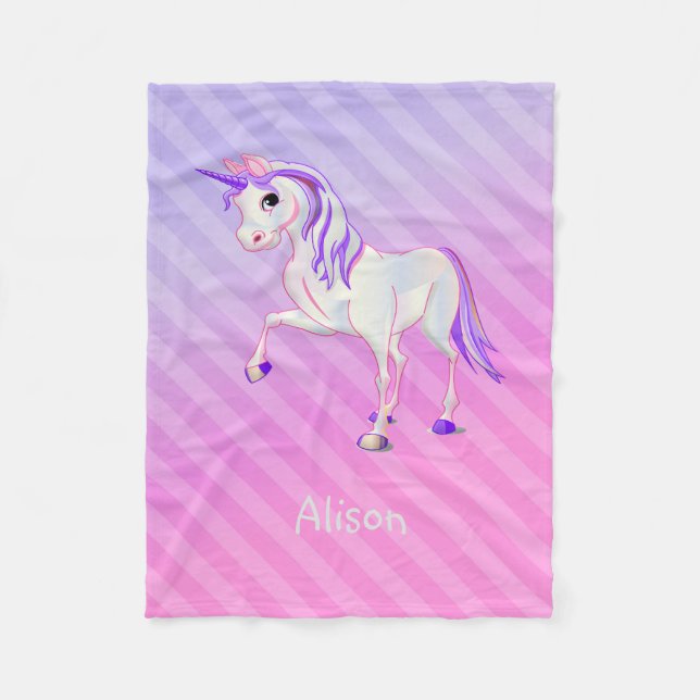 Gradient Stripes And Unicorn Fleece Blanket (Front)