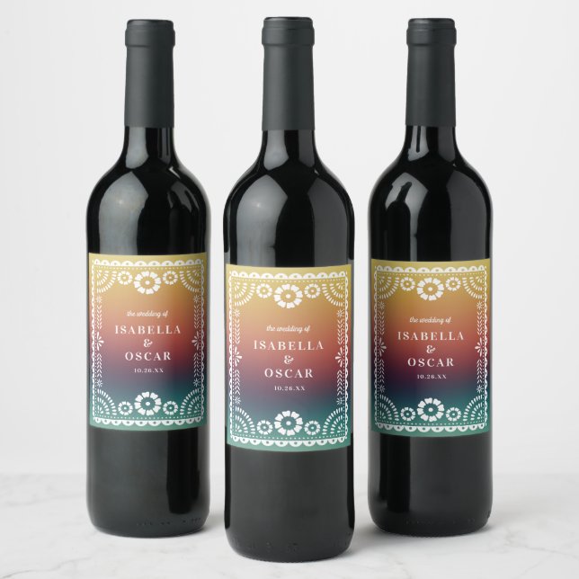 Gradient Sunset Papel Picado Inspired Wedding  Wine Label (Bottles)
