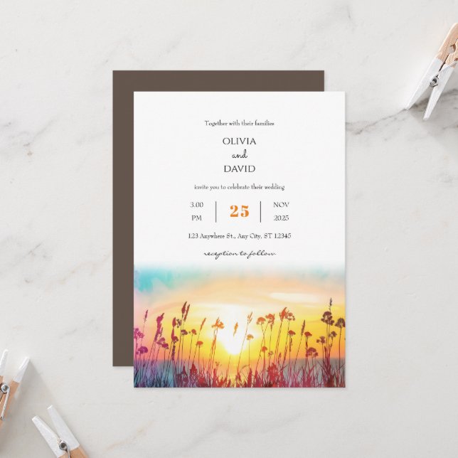 Gradient Sunset Silhouettes Coastal Beach wedding  Invitation (Front/Back In Situ)