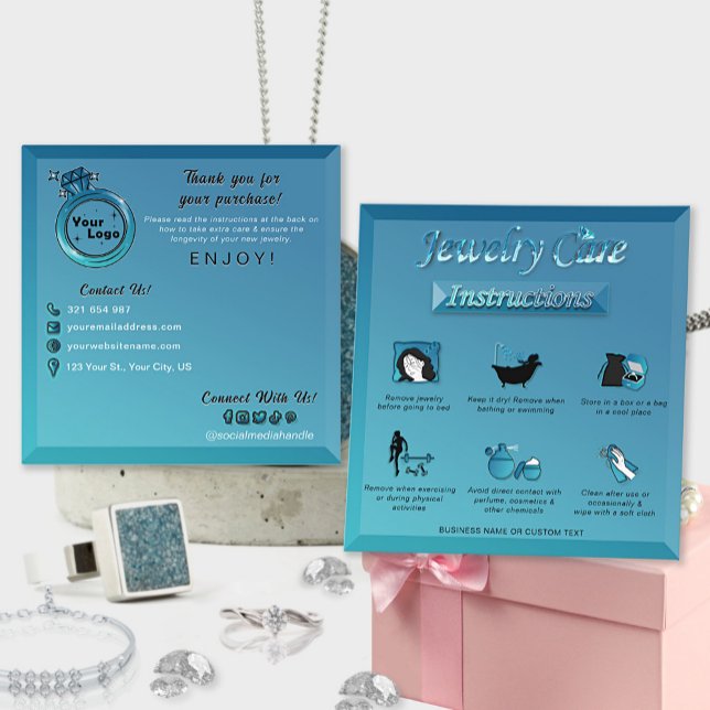 Gradient Teal Blue Elegant Diamond Jewellery Care  Square Business Card (Creator Uploaded)