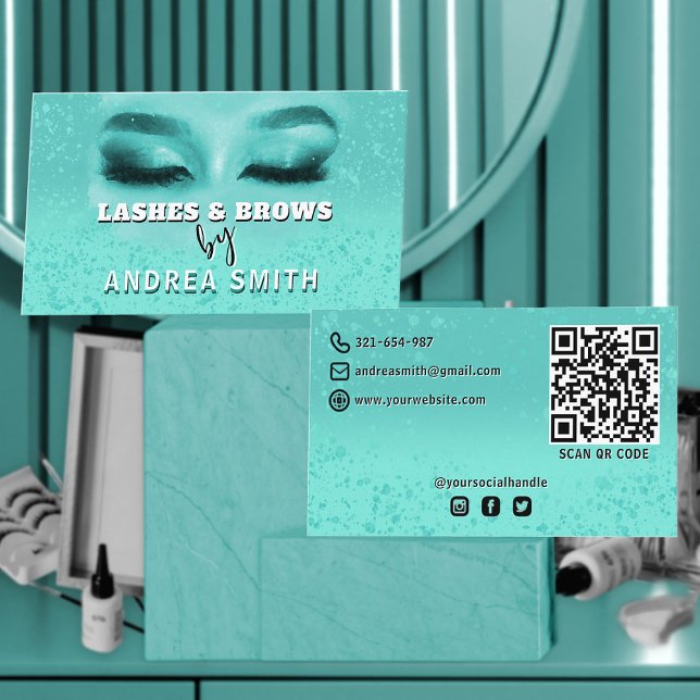 Gradient Teal Lashes Brows Makeup Artist QR Code   Business Card (Creator Uploaded)