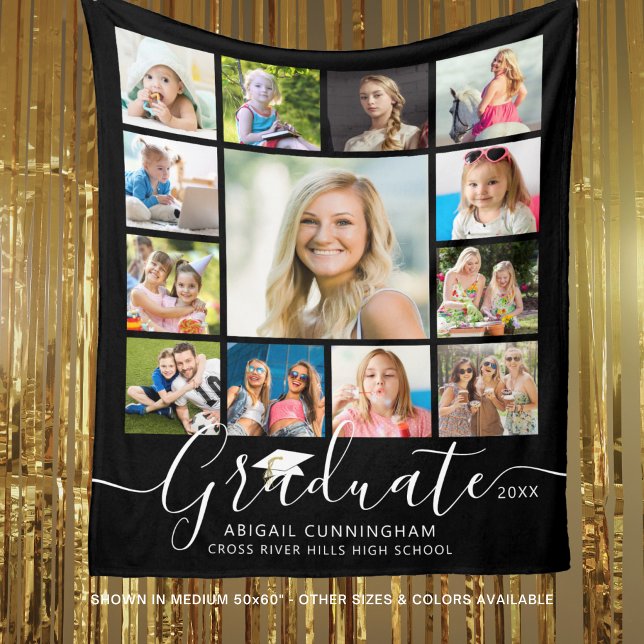 Graduate 13 Photo Collage Script Custom Color Fleece Blanket (Creator Uploaded)