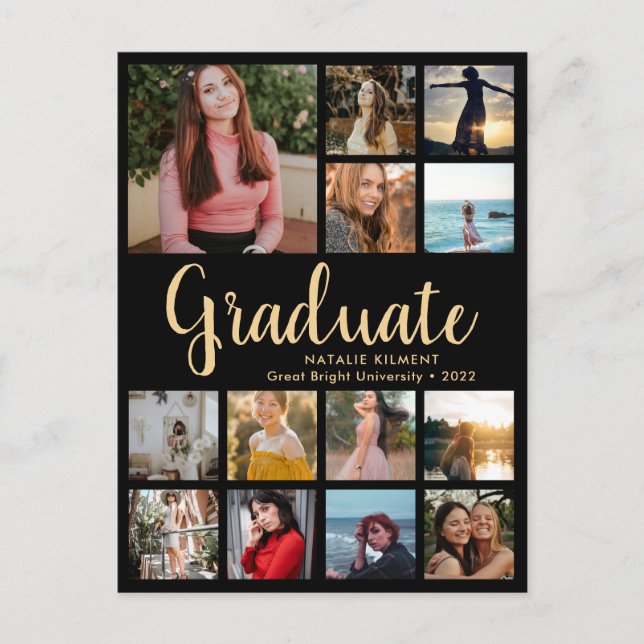 Graduate 14 Photo Collage Black & Gold Graduation Announcement Postcard (Front)
