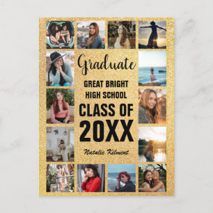Graduate 14 Photo Collage Black & Gold Graduation Announcement Postcard