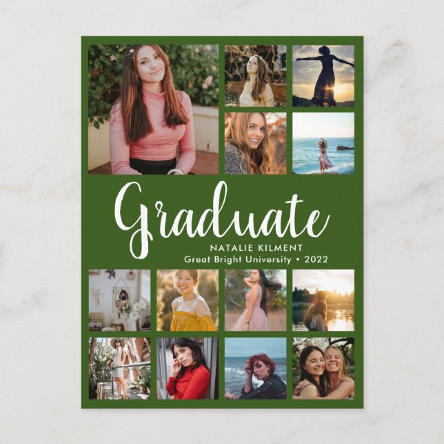 Graduate 14 Photo Collage Green & White Graduation Announcement Postcard (Front)