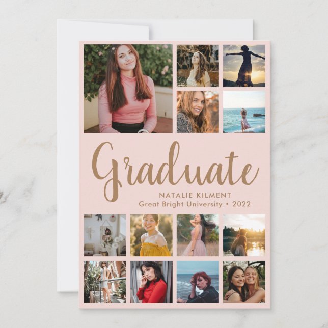 Graduate 14 Photo Collage Pink & Gold Graduation Invitation (Front)