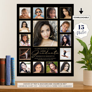 Graduate 15 Photo Collage Handwritten Script Black Poster
