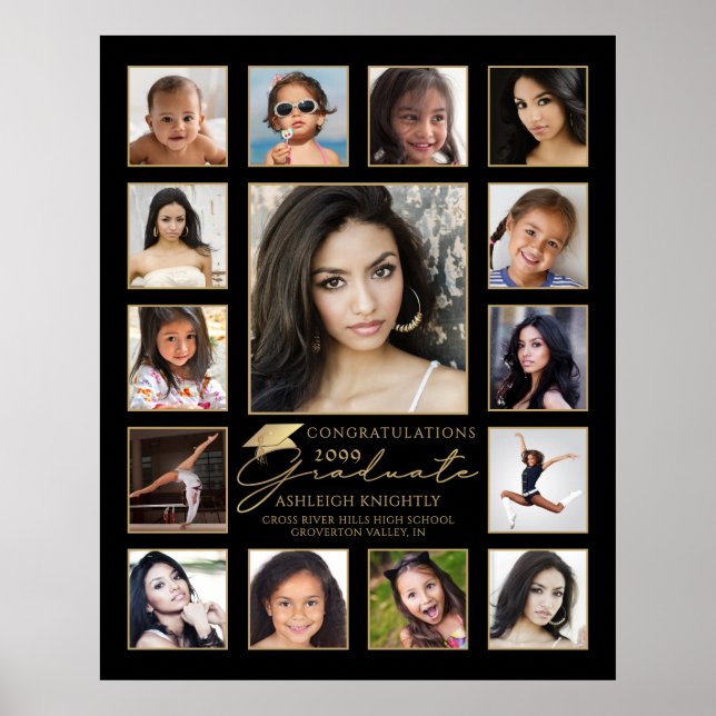 Graduate 15 Photo Collage Handwritten Script Cap Poster (Front)