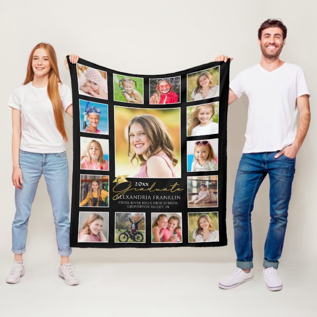 Graduate 15 Photo Collage Script Custom Colour Fleece Blanket (In Situ)