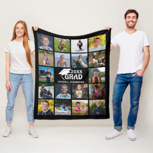 Graduate 18 Photo Collage Grad Cap Year Black Fleece Blanket