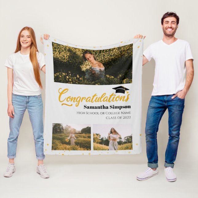 Graduate 2025 Photo Collage Gold Graduation Fleece Blanket (In Situ)
