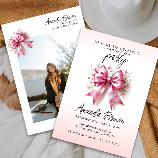 Graduate 2025 Pink Bow Elegant Floral Invitation (Creator Uploaded)