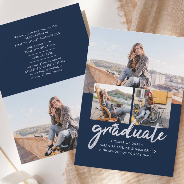 Graduate 2025 Script Photo Collage Announcement (Graduate 2025 Script Photo Collage Navy Blue Grad Announcement)