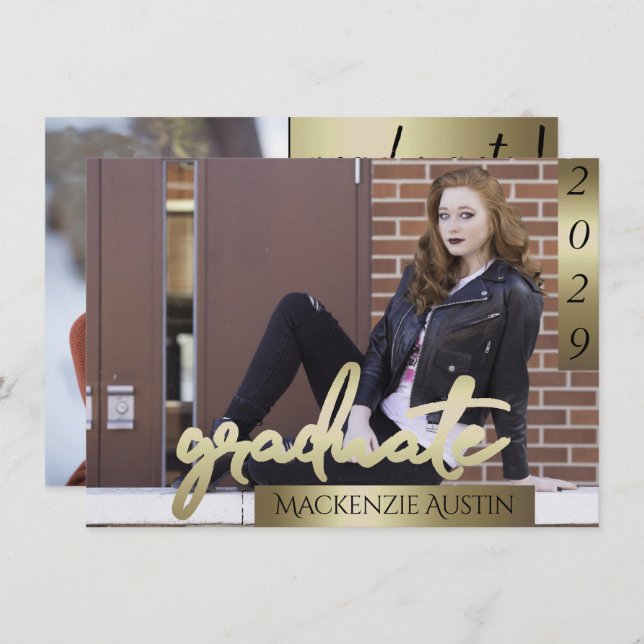Graduate 2 Photo | Gold Script Elegant Grad Invitation (Front/Back)