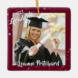 Graduate 2 Photo Maroon Brush Script Stars Ceramic Ornament