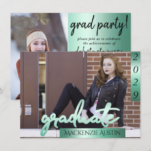 Graduate 2 Photo   Mint Light Green Brush Keepsake Invitation
