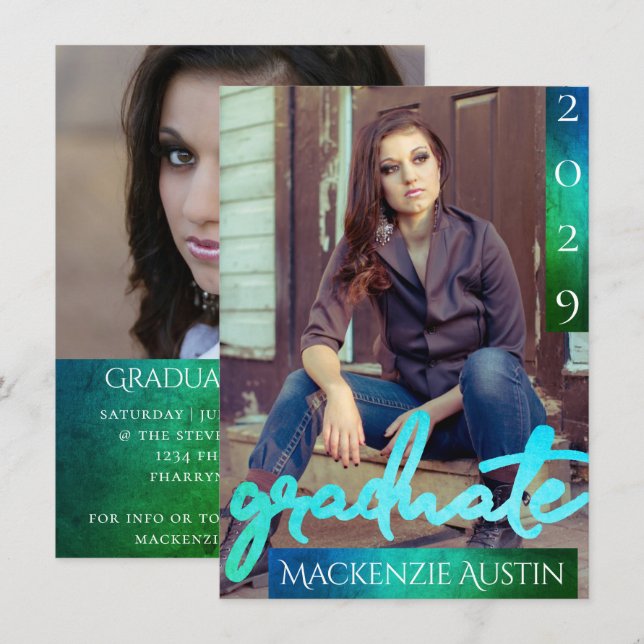 Graduate 2 Photo | Ombre Script Dark Blue Keepsake Invitation (Front/Back)