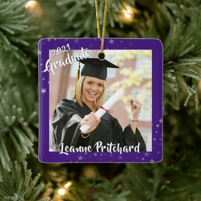 Graduate 2 Photo Purple Brush Script Stars Ceramic Ornament (Tree)